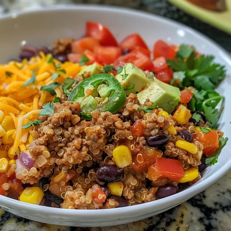 Whip Up a Wholesome Ground Turkey Quinoa Bowl: Easy, Delicious, and Fun! Close-up view of a delicious Ground Turkey Quinoa Bowl with colorful vegetables.