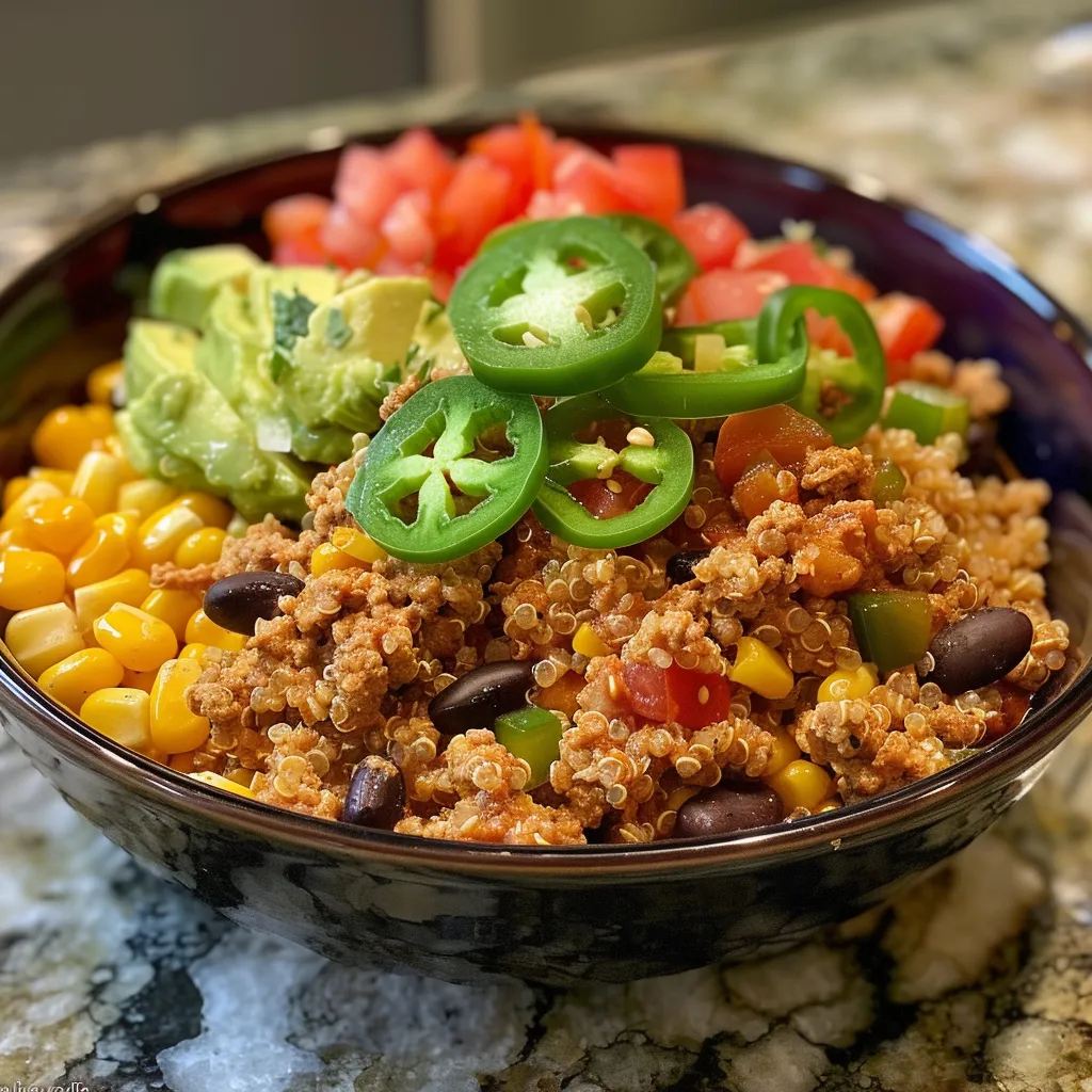Juicy Ground Turkey Quinoa Bowl featuring ground turkey, bell peppers, and quinoa.