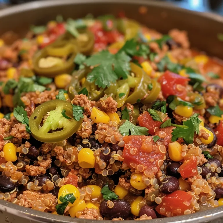 Close-up of a vibrant bowl of ground turkey quinoa with colorful vegetables and garnishes.