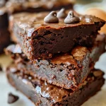 Close-up side view of fudgy chocolate protein brownies with a glossy top.