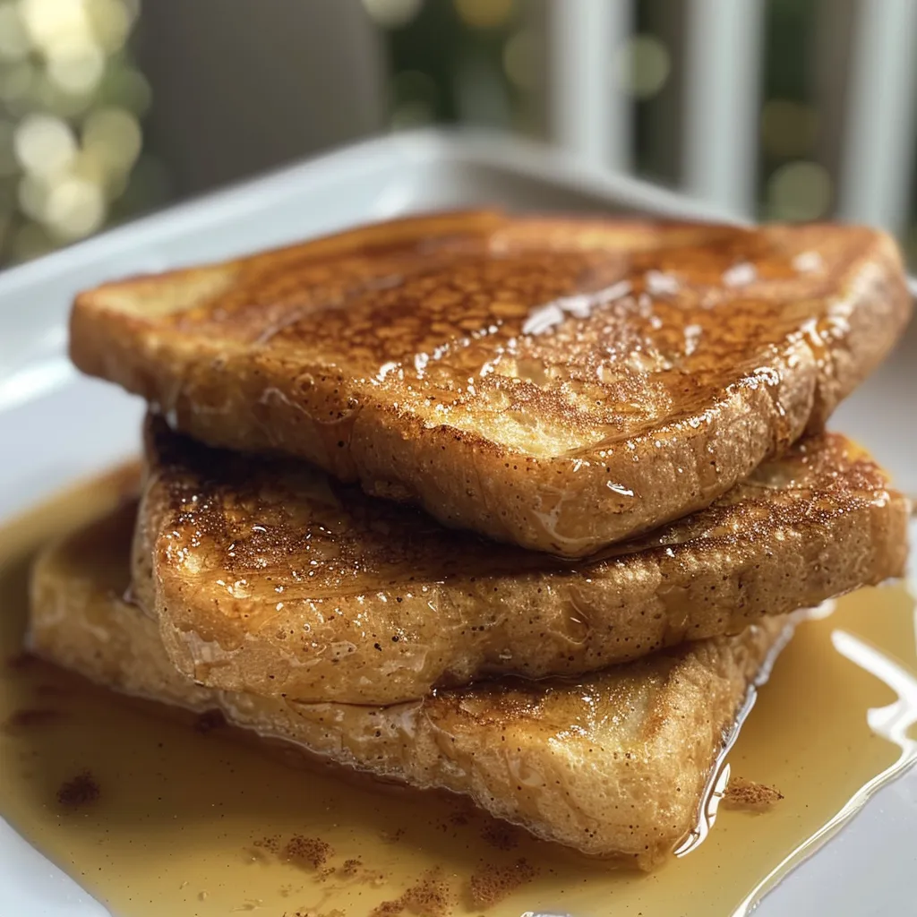 Juicy and delicious French toast slices stacked, showcasing the golden-brown texture and toppings.