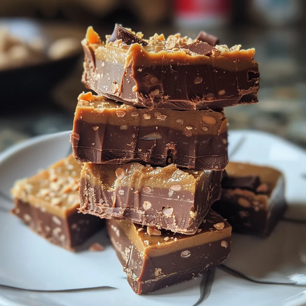 Side photo of a decadent healthy peanut butter fudge showcasing chunks of Reese's candy.