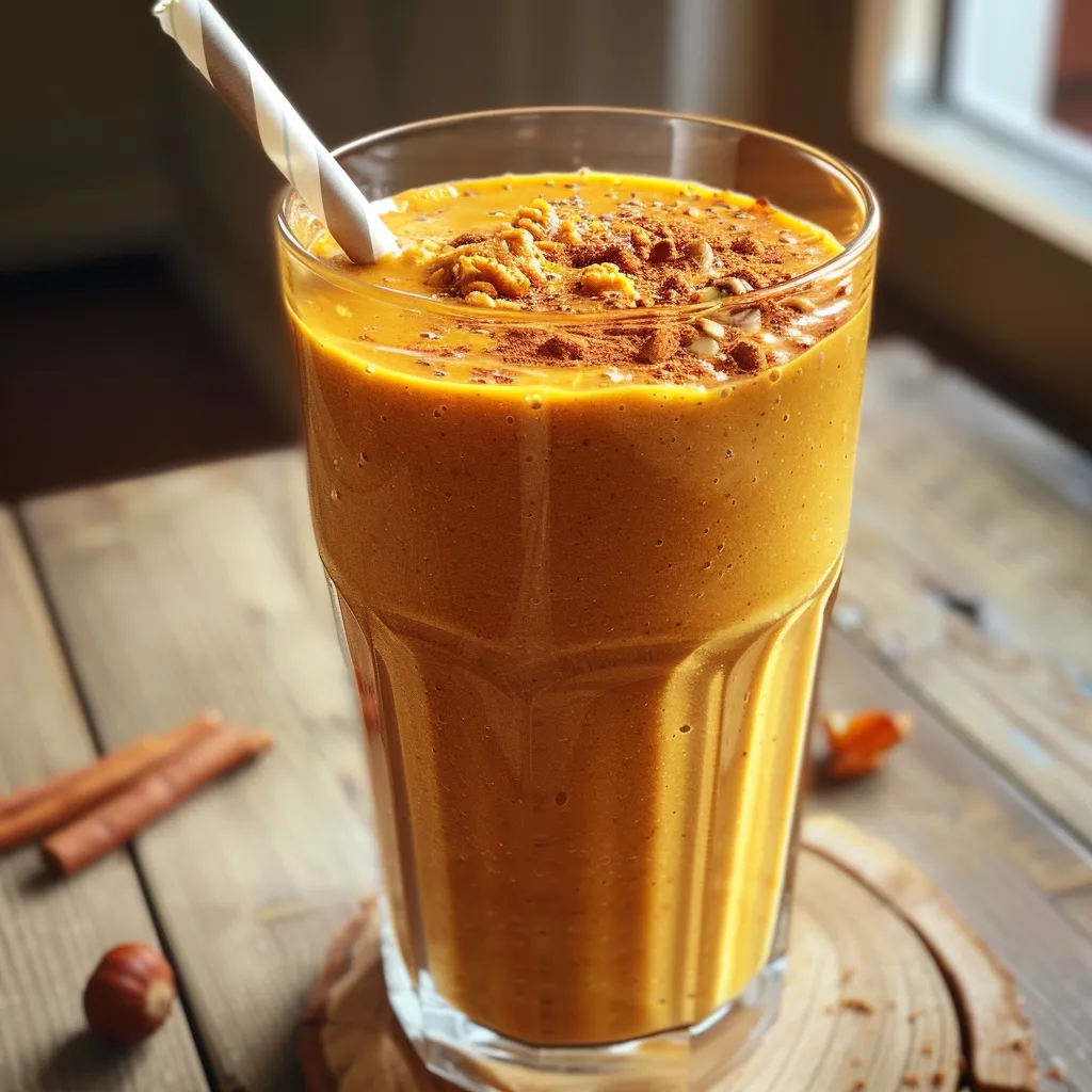 Side angle of a healthy pumpkin smoothie garnished with a sprinkle of cinnamon.
