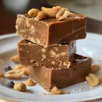 Close-up image of vegan peanut butter protein fudge with crushed peanuts and chocolate drizzle.