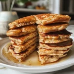 Fluffy pancakes stacked high, drizzled with syrup and topped with berries.