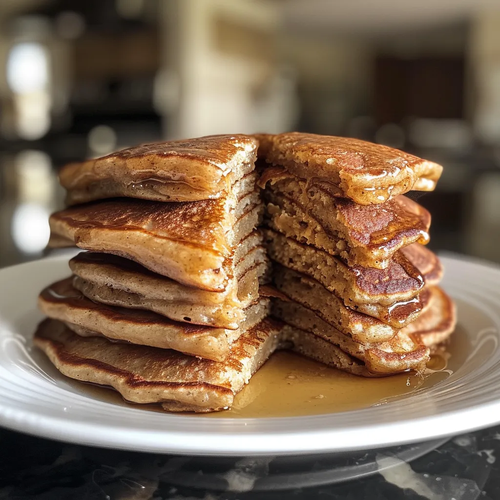 Close-up view of golden pancakes with a dollop of Greek yogurt and a sprinkle of cinnamon.
