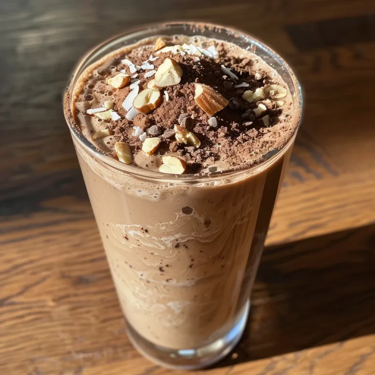 Close-up view of a High Protein Mocha Madness drink in a glass, with toppings of toasted coconut flakes and almonds.