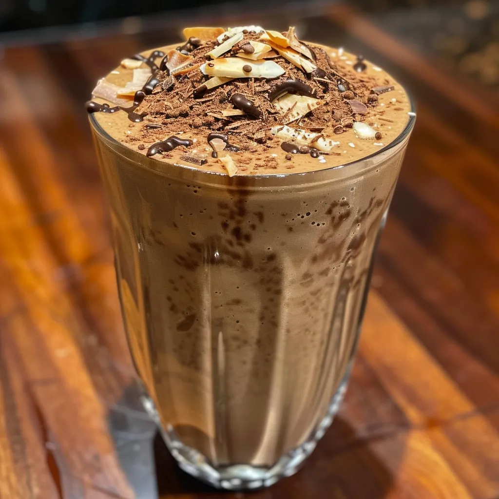 Side view of a rich mocha smoothie displayed in a clear cup, showcasing its creamy texture and toppings.