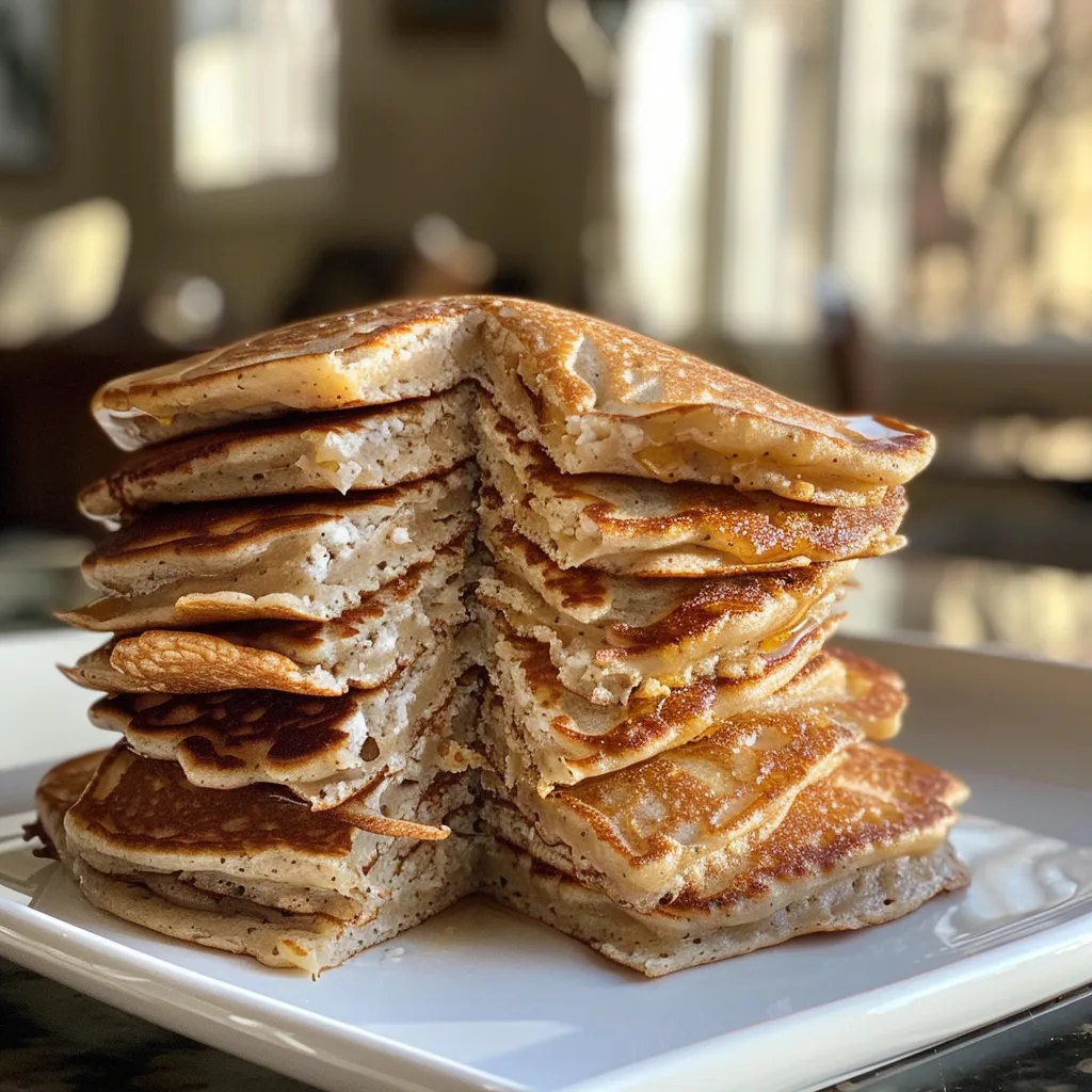 Side view of delicious pancakes topped with Greek yogurt and syrup, showcasing texture.