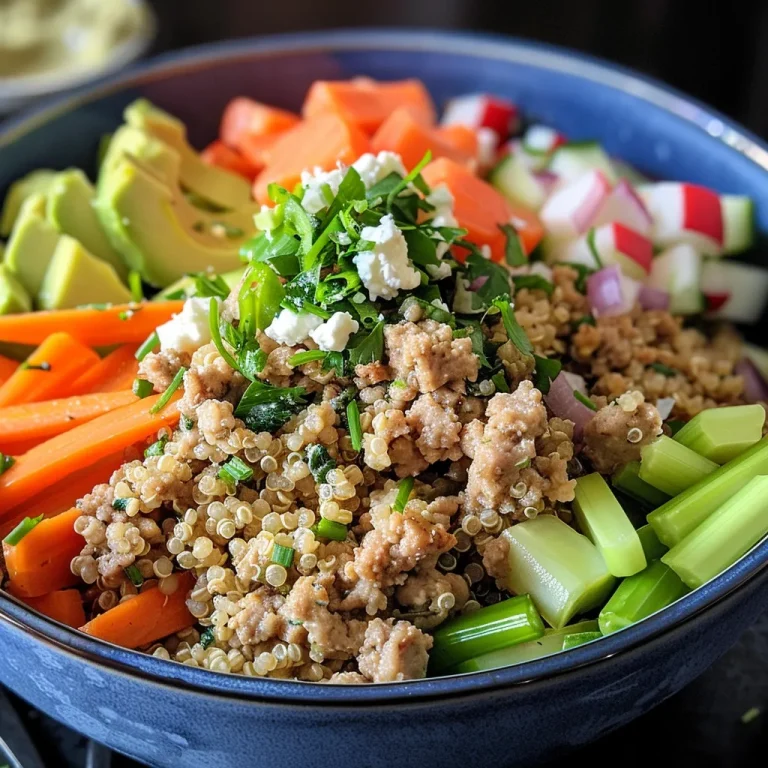 Close-up of a bowl filled with Ground Turkey Quinoa, topped with feta cheese.
