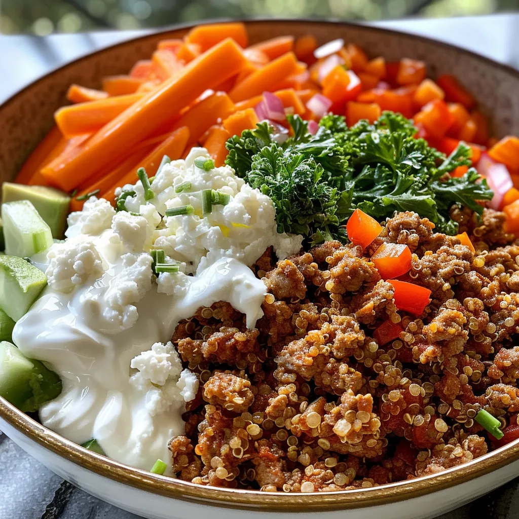 Side view of a colorful quinoa bowl with ground turkey, carrots, and celery.