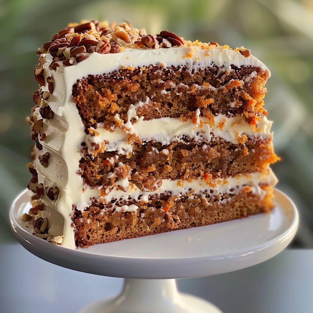 Close-up view of a slice of JoJo's Carrot Cake with cream cheese frosting.