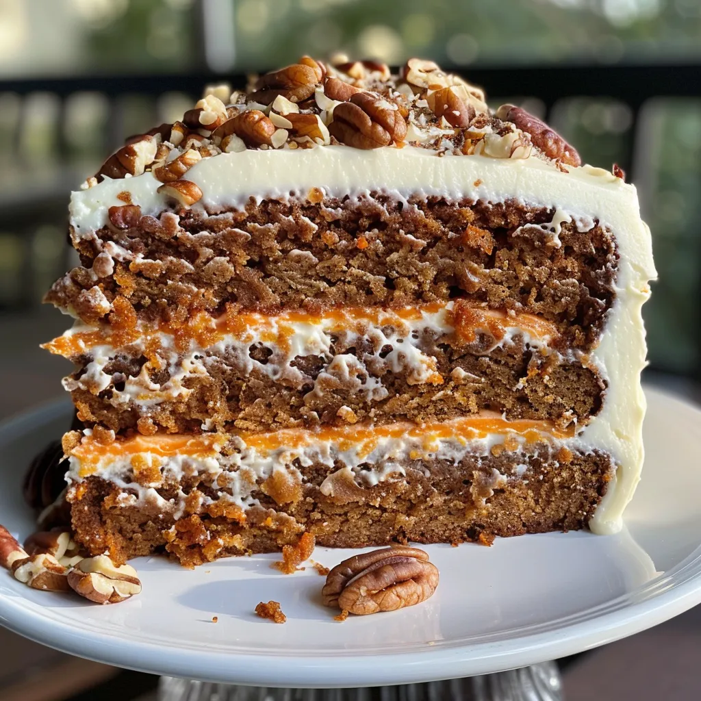 Side angle of moist carrot cake showing layers and nuts on top.