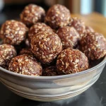 Close-up view of brownish No-Bake Protein Bites on a wooden surface.