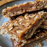 Close-up of a No-Bake Salted Caramel Protein Bar displaying layers of oats and caramel.