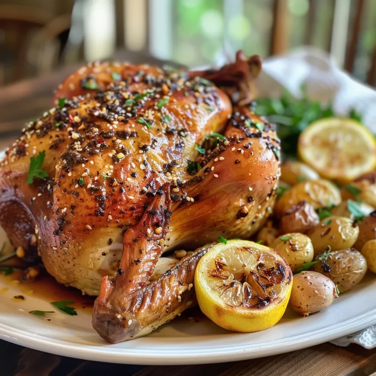 Juicy oven roasted whole chicken garnished with lemon slices and thyme.