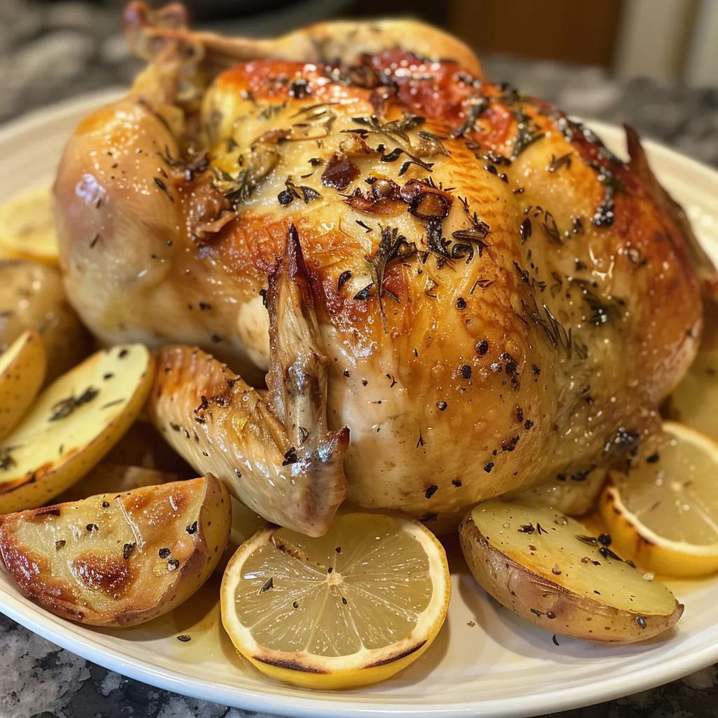 Close-up side view of a golden brown roasted chicken with herbs and lemon.