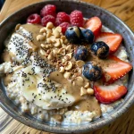 A close-up of Protein Overnight Oats in a clear glass bowl, topped with berries and granola.