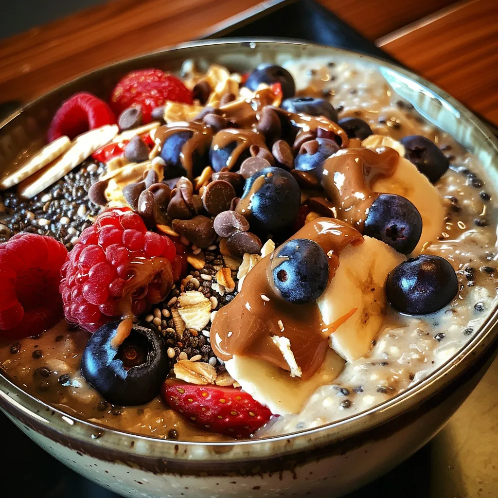 Side view of a creamy bowl of Protein Overnight Oats, showcasing layers of oats and toppings.