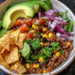 A close-up side view of a quinoa bowl with turkey taco meat, vibrant vegetables, and fresh toppings.