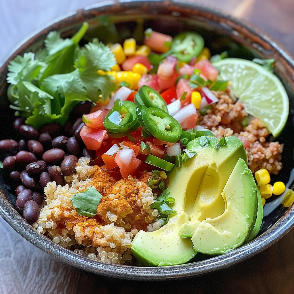 A colorful quinoa bowl featuring ground turkey, black beans, avocado, and lime garnishes.