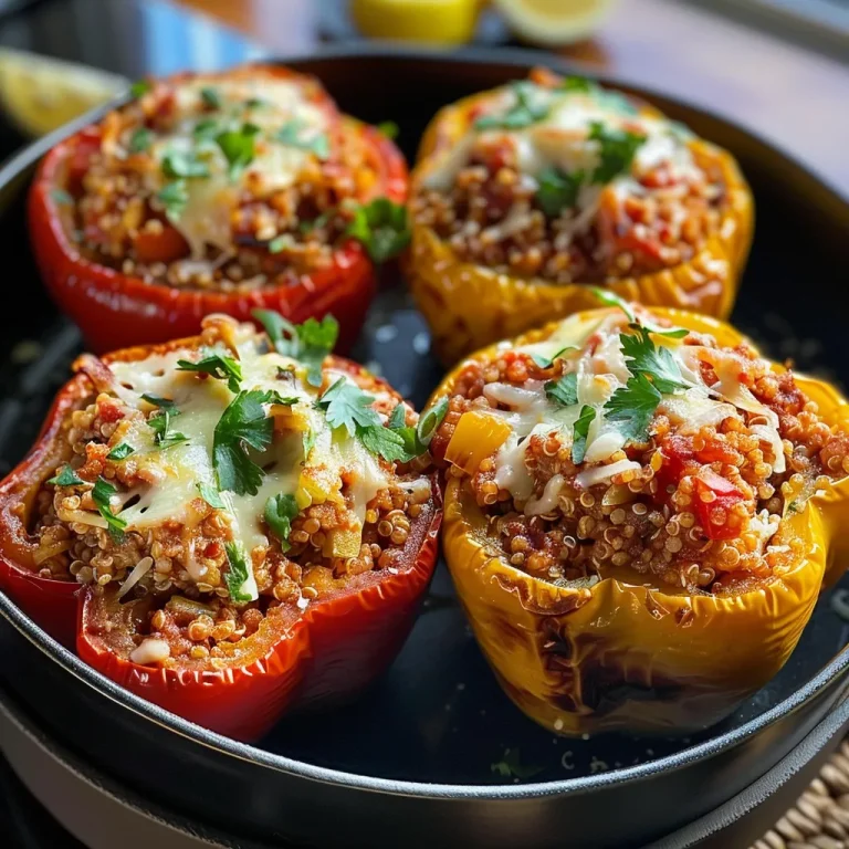 Juicy stuffed bell peppers filled with ground turkey and quinoa, topped with melted cheese.