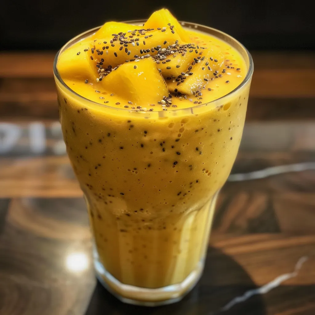 A close-up side view of a creamy, bright orange Tropical Mango Protein Shake in a glass.