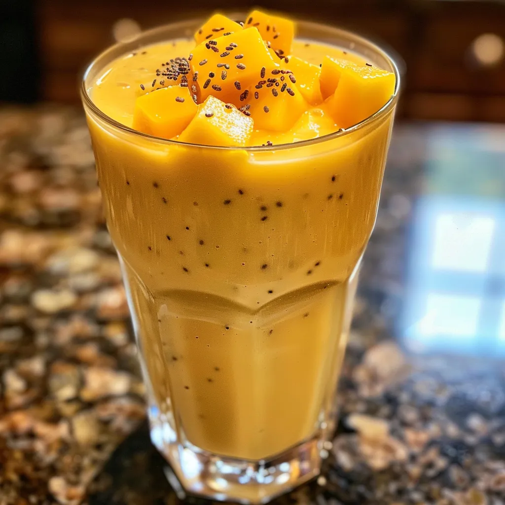 A vibrant Tropical Mango Protein Shake next to a sliced mango, showcasing its thick texture.