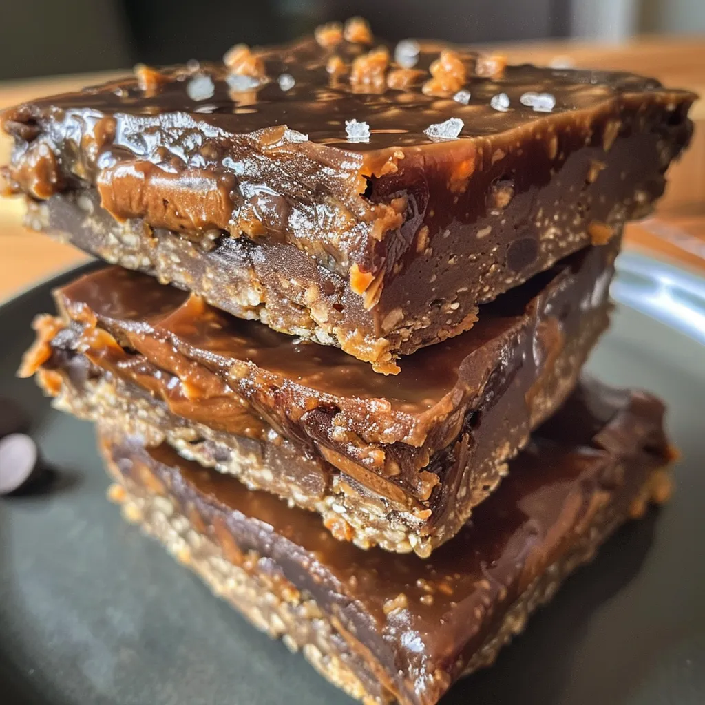 Side view of a delicious-looking protein bar topped with sea salt and dark chocolate chips.