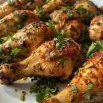 Juicy chicken legs marinated with spices, shown from the side.