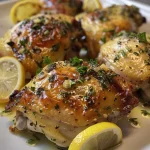 Juicy roasted chicken thighs garnished with herbs and lemon slices.