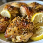 Close-up view of juicy Greek lemon chicken thighs with golden skin.