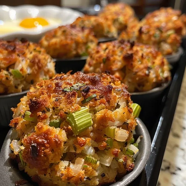 Close-up of golden brown Savory Mini Chicken & Stuffing Bites on a plate.