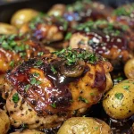 Juicy glazed honey balsamic chicken served with halved baby potatoes on a plate.