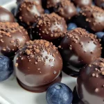 Close-up of chocolate covered blueberries, highlighting the glossy chocolate coating.