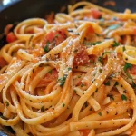 Close-up view of creamy tomato garlic pasta with fresh basil on top.