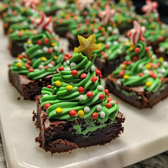 Side view of delicious brownie bites decorated as Christmas trees with candy stars on top.