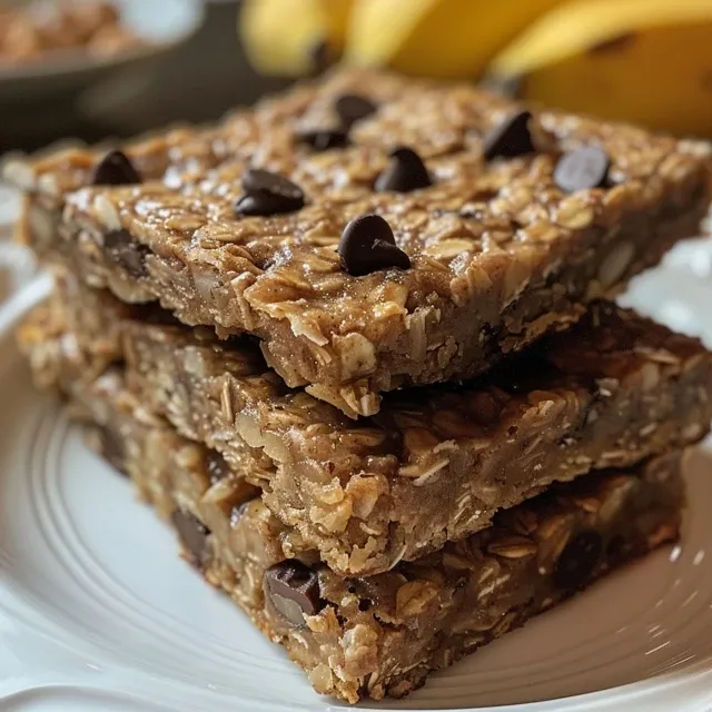 Side view of healthy banana oatmeal bars showing a textured surface and a soft interior.