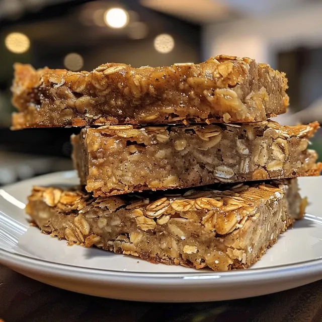 Side view of baked banana oat bars with melting chocolate, looking appetizing.