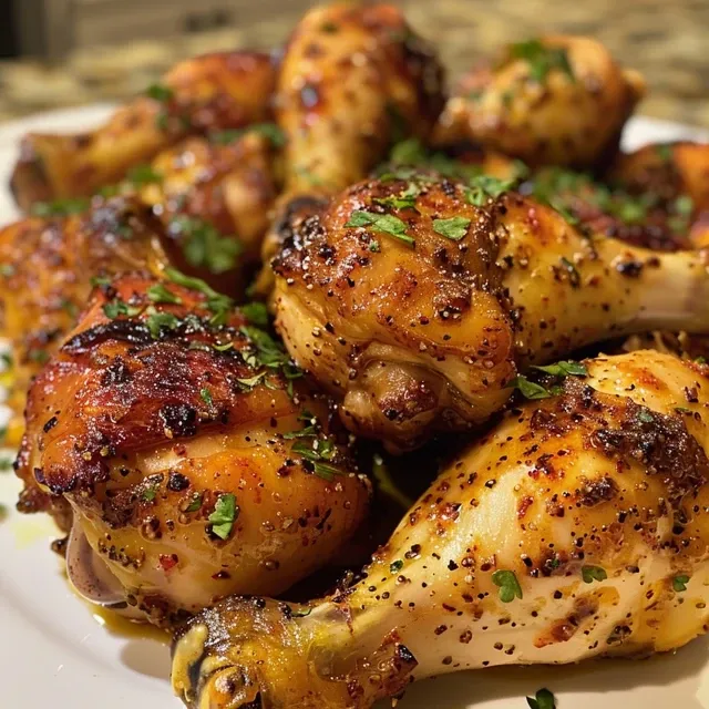 Close-up view of beautifully cooked chicken legs with herbs.