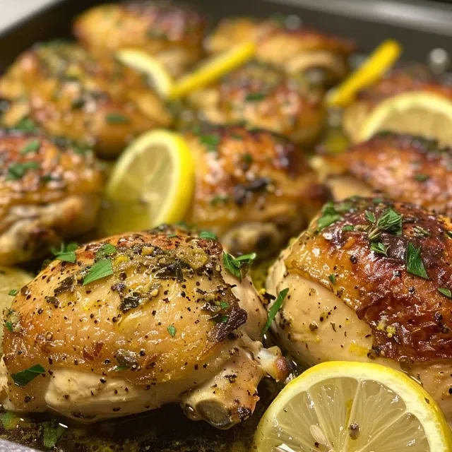 Side view of succulent bone-in chicken thighs marinated with lemon and herbs.