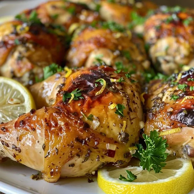 Side view of golden brown lemon garlic chicken thighs on a plate.
