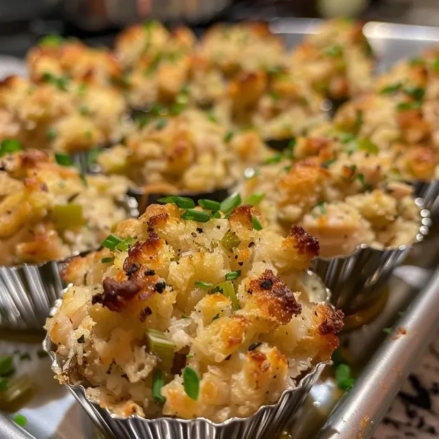 Side view of deliciously baked Savory Mini Chicken & Stuffing Bites with visible stuffing.