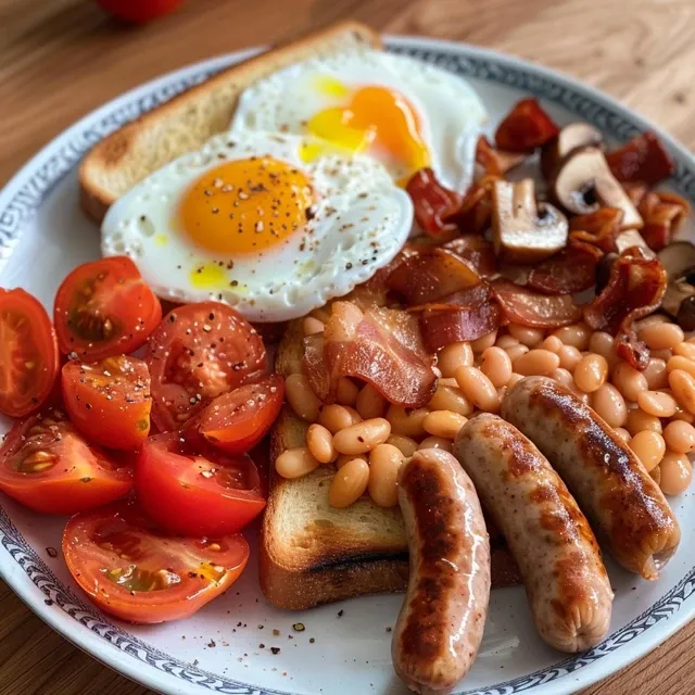 Side view of a delicious Full English Breakfast with eggs, sausages, and baked beans on a plate.