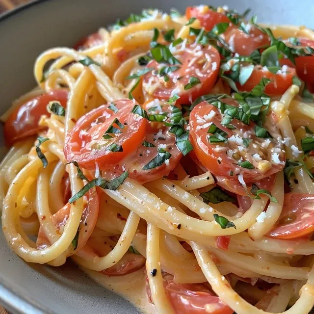 Side view of spaghetti coated in a rich tomato and garlic sauce, garnished with basil.