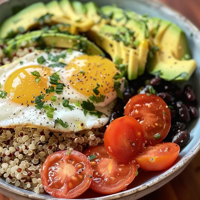 Close-up of a colorful protein breakfast bowl with quinoa, eggs, avocado, black beans, and diced tomatoes.