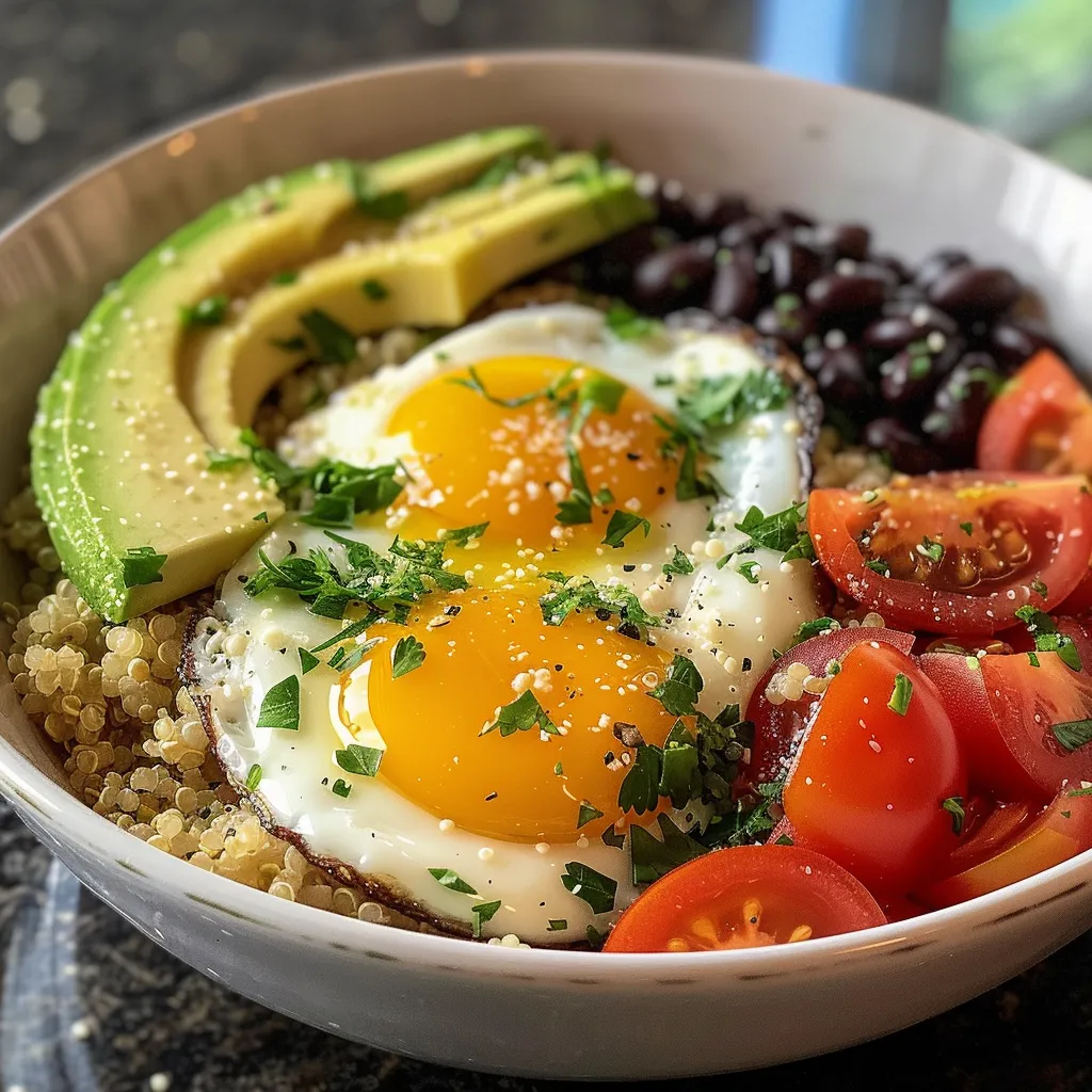 Side view of a hearty breakfast bowl featuring cooked quinoa, fried eggs, and fresh toppings in a vibrant arrangement.