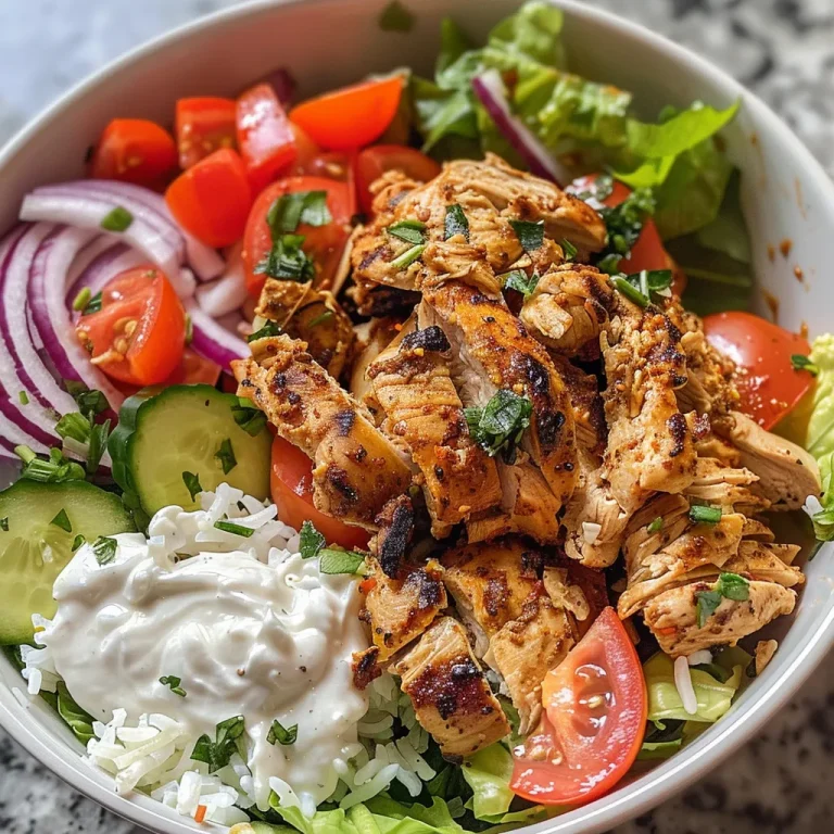 Close-up view of a delicious chicken shawarma bowl featuring chicken, rice, and fresh vegetables.