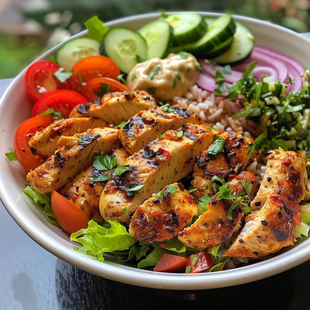 Side view of a 30-minute chicken shawarma bowl with colorful ingredients including lettuce, cucumbers, and tahini sauce.