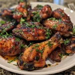 Close-up of juicy chicken wings drizzled with barbecue sauce.